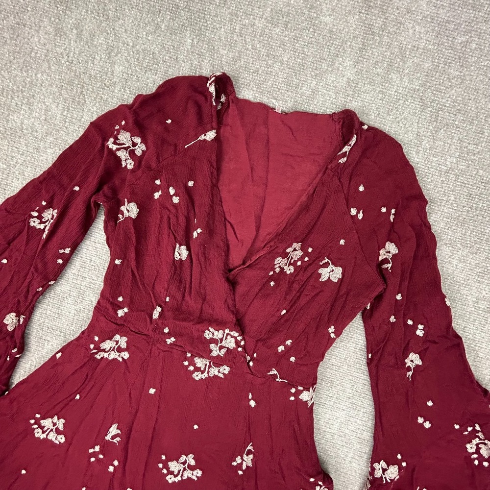 Free People Jasmine Mini Dress Womens 12 Red Floral Bell Sleeve Surplice Neck